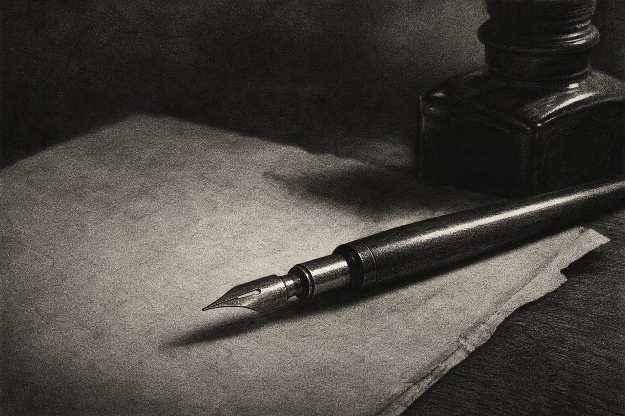 Une plume métallique posée sur des pages manuscrites, un encrier dans l'ombre.
